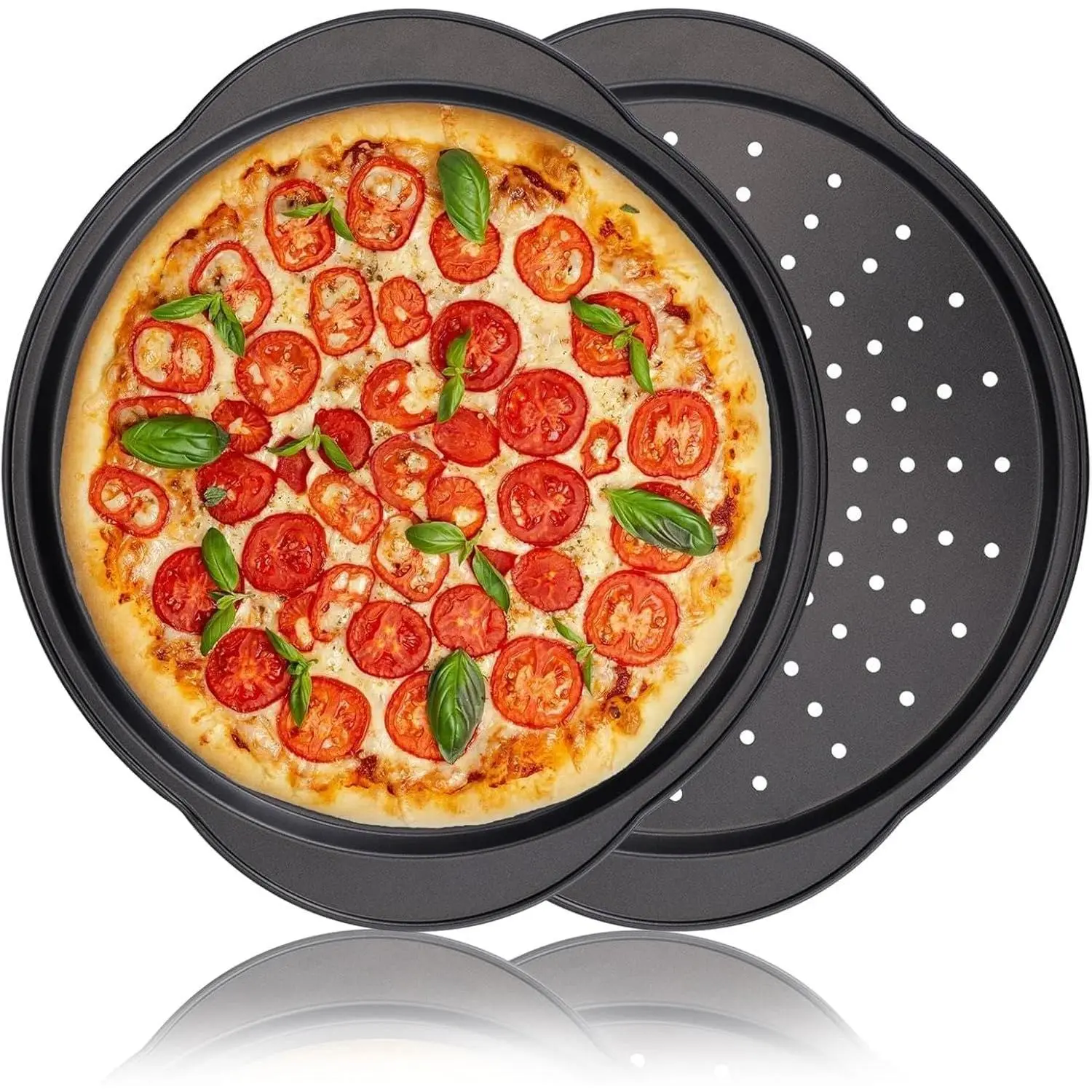 SURUIHK 2-Piece Round Bakeware Set, 13 in Carbon Steel Non-Stick Pizza Trays with Hole Pattern and Handle, Oven-Safe Dishwasher-Safe for Baking, Cooking