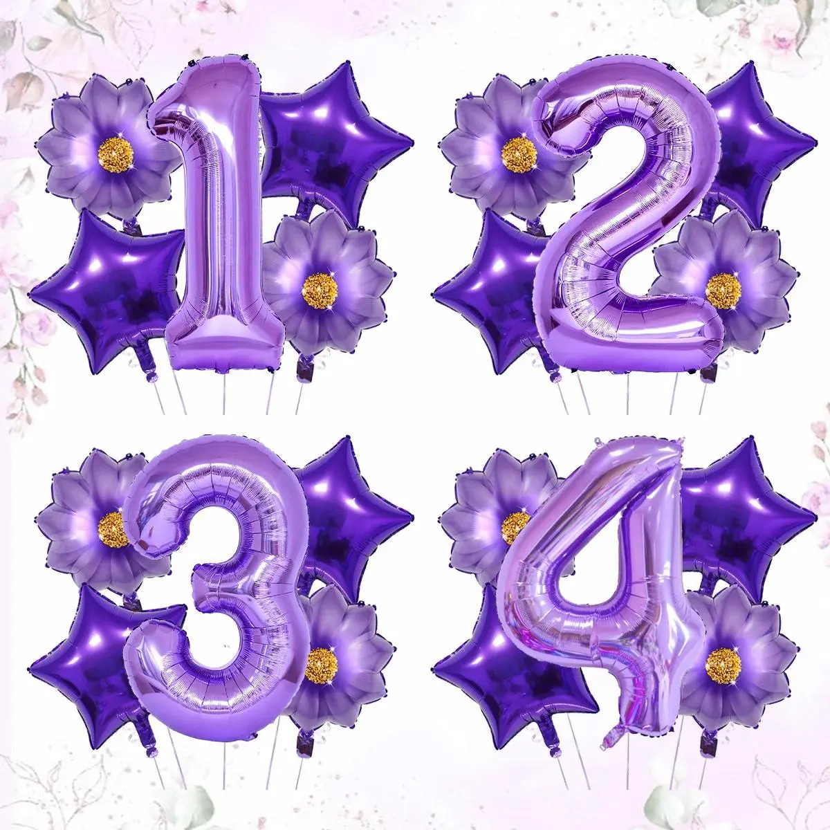 5pcs Purple Number Foil Balloon Set - Star Accents, Sunflower Decorations, Decorative Wall & Outdoor Supplies for Celebrating Birthdays, Anniversaries