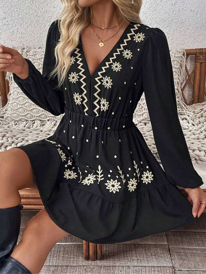 Women's Embroidered Deep V Neck Long Sleeve Dress, Full Floral Craftsmanship, Perfect Choice for Spring Summer Fall