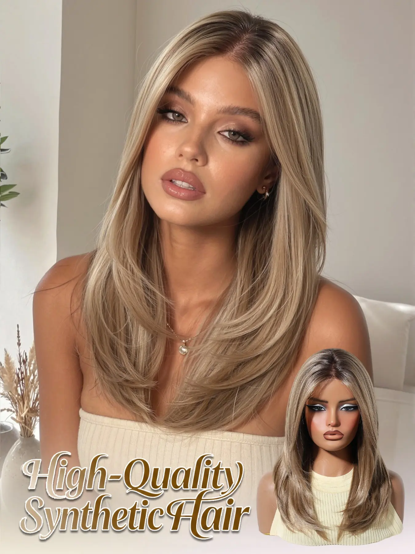 Topshe Classic Fashion Blonde Hair, Mono High-Quality Balayage Straight Wig, 18 Inches, Easy Wear, Perfect for Daily Use, Events, Photoshoots