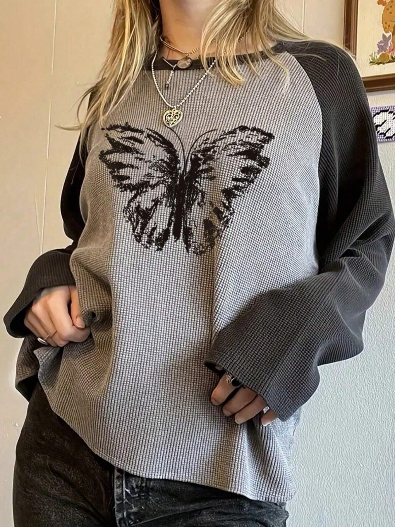 Women's Colorblock Star Print Raglan Sleeve Tee, Casual Comfy Tee, Casual Long Sleeve Round Neck T-shirt for Spring & Fall, Women's Top for Daily Wear Chic Top
