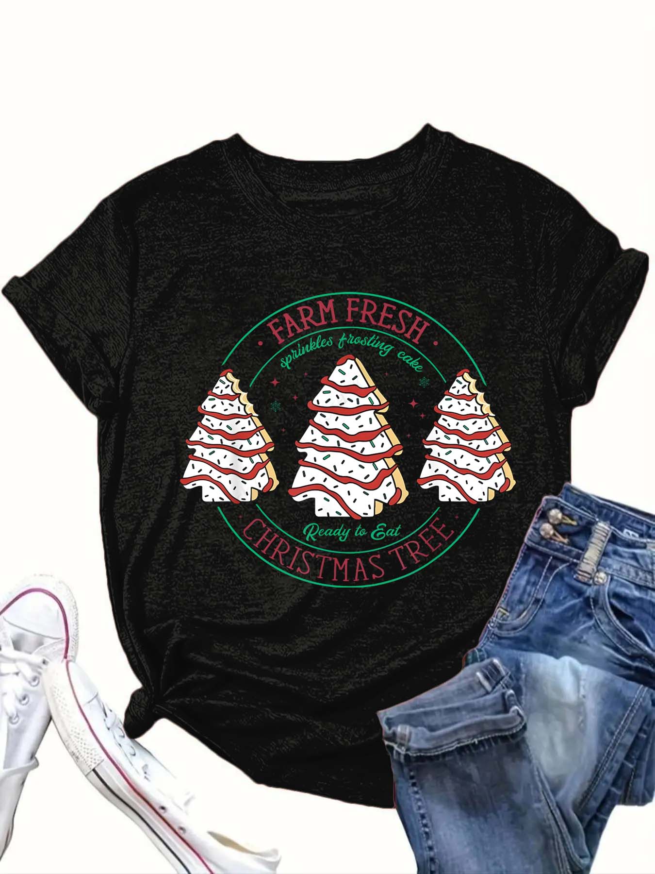【Plus Size】 Cartoon Christmas Tree & Letter Print Round Neck Tee, Casual Short Sleeve Crew Neck T-Shirt for Summer, Women's Christmas and New Year Clothing for Daily Wear
