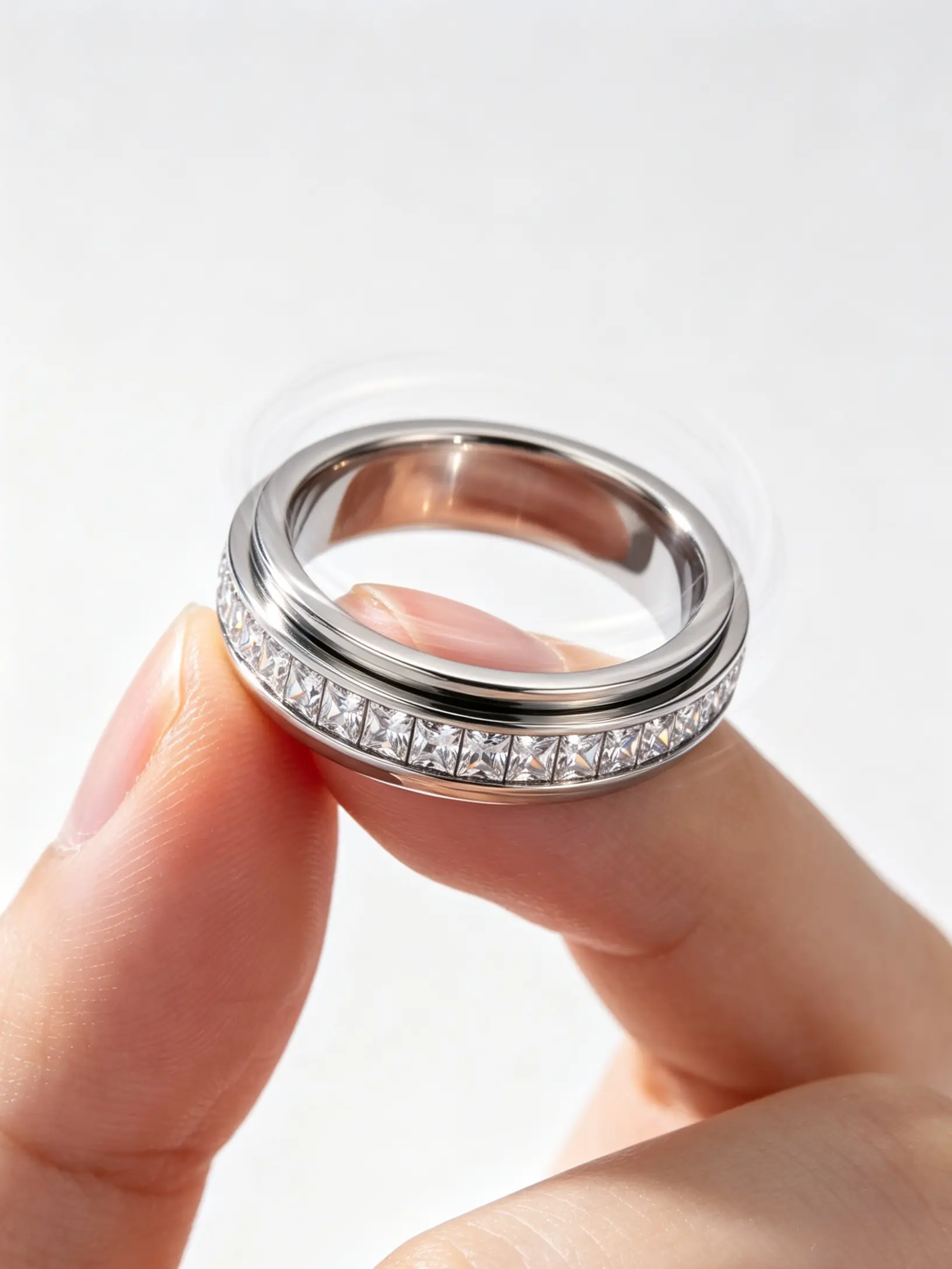 Anxiety Rings for Women and Men, Titanium Steel Spinner Fidget Band, Cubic Zirconia, Stress Relief, Wedding Promise Ring