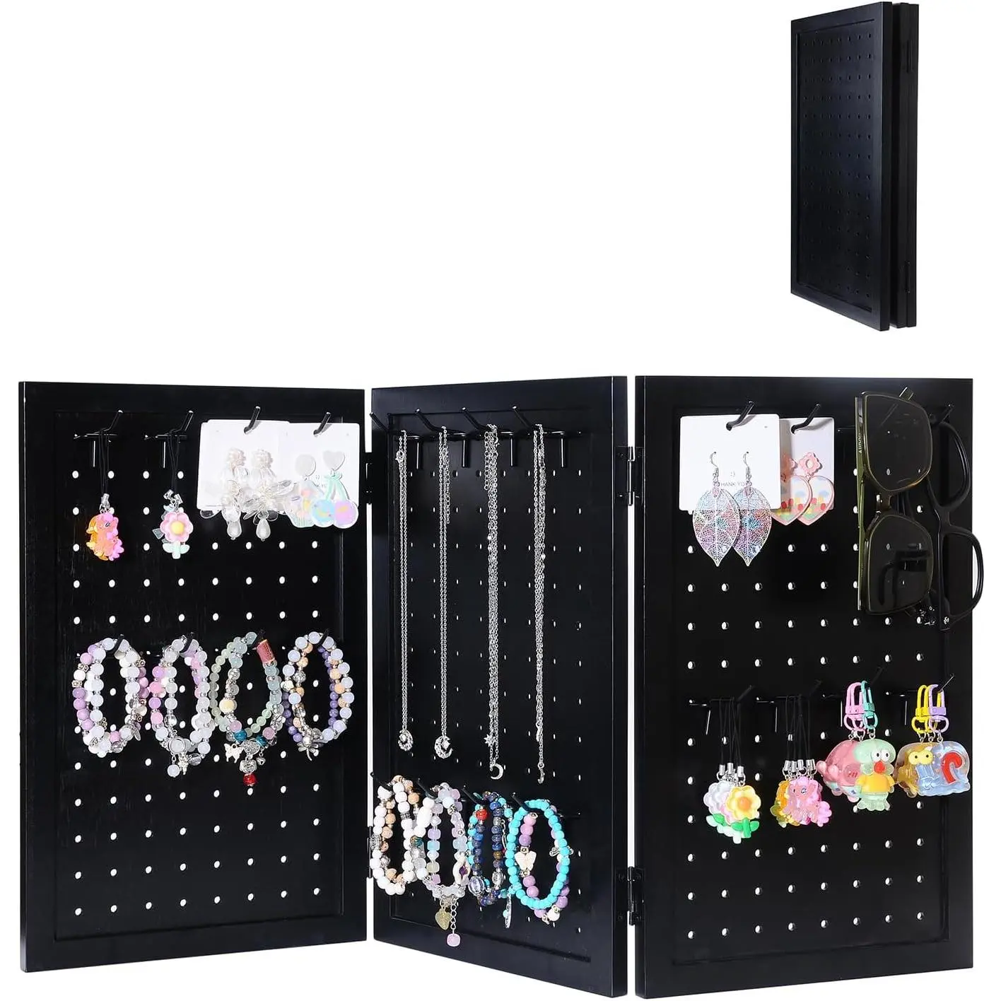 Wooden  Display Organizer with 24 Removable Black Metal Hooks | Foldable and Portable 3-Panel Pegboard for Bracelets, Earrings and Keychains, Necklace Display Stand for Store, Vendor, Black