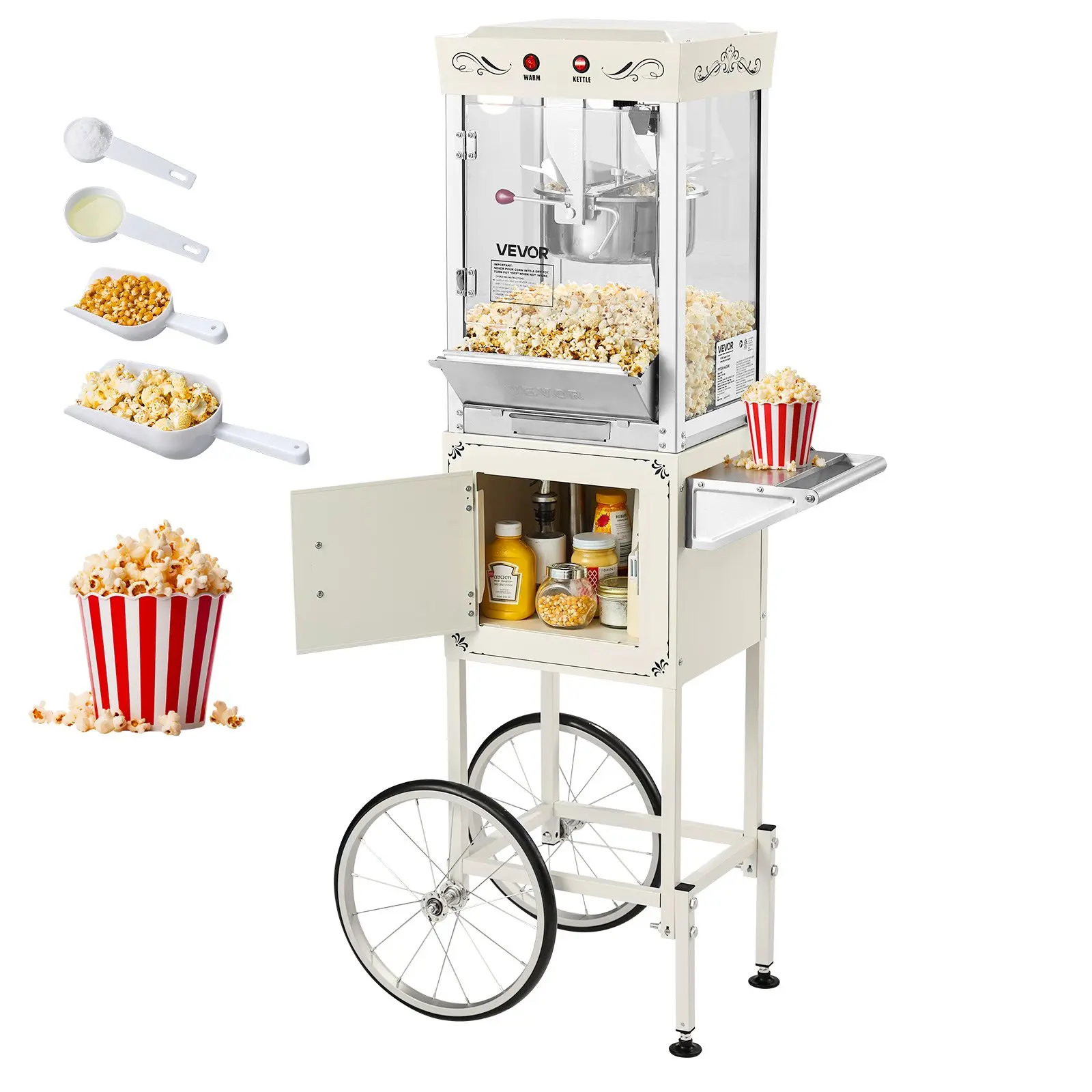 VEVOR 8 Oz Stainless Steel Popcorn Machine with Cart, 800W Commercial Theater-Style Popper, 48 Cups/Batch, 2-Button Control, Glass Wall Door, PC Door, 1 Scoop, 3 Spoons, 35 Lbs/ 16 Kg Capacity, AC Plug-In, White (for Commercial Users)