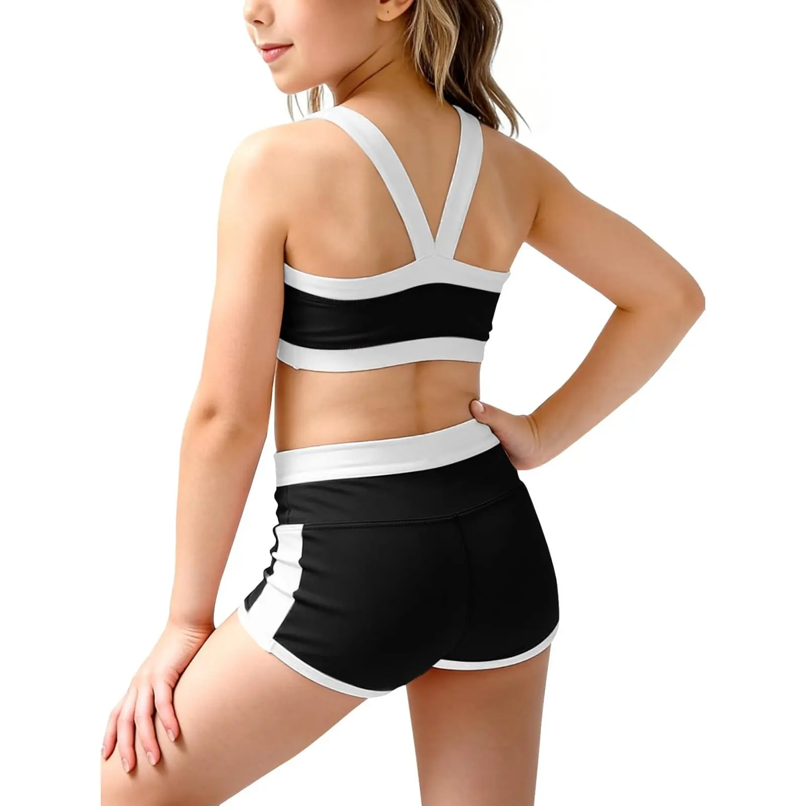 Haloumoning Girls' 2-Piece Athletic Wear Set (5-14Y) - Color Block Bra with Removable Pads, Elastic High-Waist Shorts, Breathable Stretch Fabrics, Dance/Gym Use, Machine Washable, Two Pieces