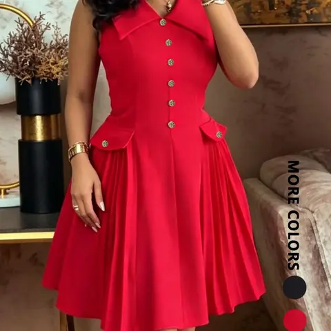 Summer New Sleeveless Solid Color Fit Dress, Collar Buttonless Pleated A-Line Dress, Casual Office Wear for Date and Vacation