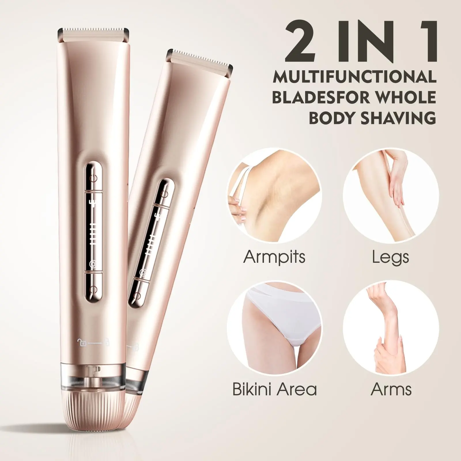 2-in-1 Dual-Head Rechargeable Hair Remover for Face & Body, IPX7 Waterproof Women’s Bikini Shaver with replaceable ceramic blades, USB charging, cordless, travel-friendly for silky skin