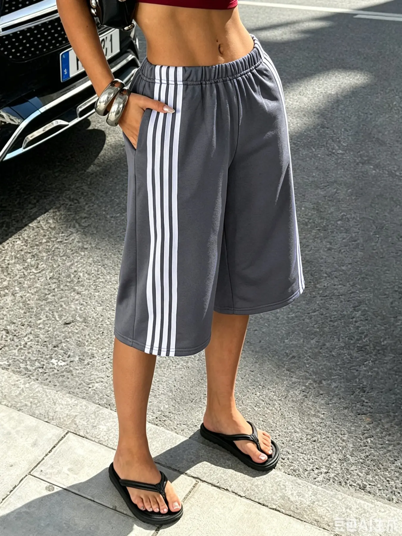 Gray Bermuda Sweat Shorts Women Elastic Waist Wide Leg Knee Length Lounge Pants Side Stripe Casual Streetwear Summer Sporty Loose Fit Baggy Shorts Y2K Athleisure Vacation Everyday Bottoms