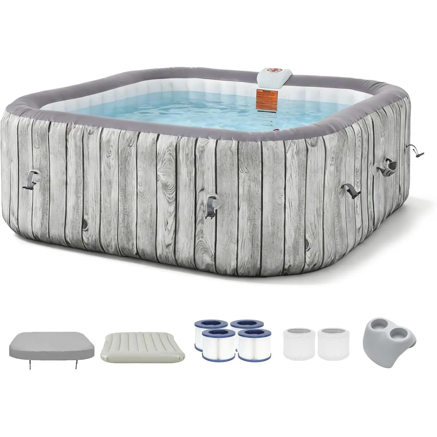73" Inflatable Hot Tub for 4-6 People, Square Portable Outdoor Spa with 130 Soothing Air Jets, Heater Pump, Insulated Cover, Filter System, Leak-Proof PVC Design, Gray Backyard Hot Tubs, Inflatable Hot Tubs