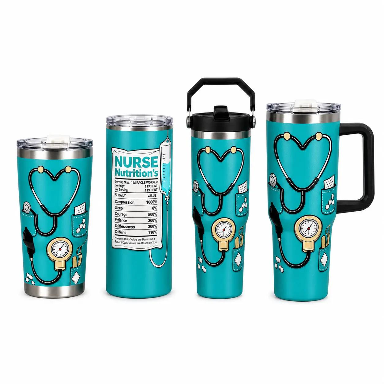 Insulated Steel Nurse Tumbler with Handle, Teal Stethoscope Design, Leakproof Gift Idea for Her