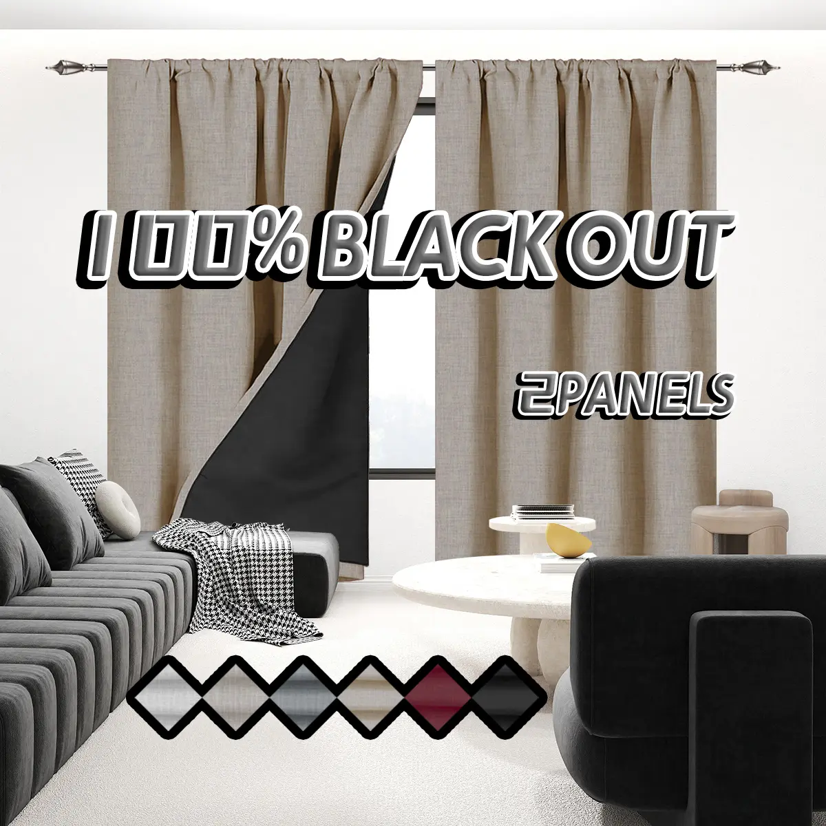 2PCS rainbow linen texture blackout curtains, made of polyester material, coated with film insulation, 100% full blackout thick imitation linen curtains, hanging through poles, suitable for bedroom and living room home decoration
