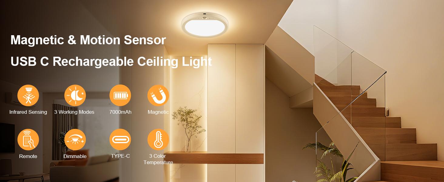 Rechargeable Motion Sensor Ceiling Light with Remote, 3000K 4000K 6500K Magnetic No Wiring LED Ceiling Light Battery Powered for Shower Stairs Hallway Porch Pantry Garage Patio Shed