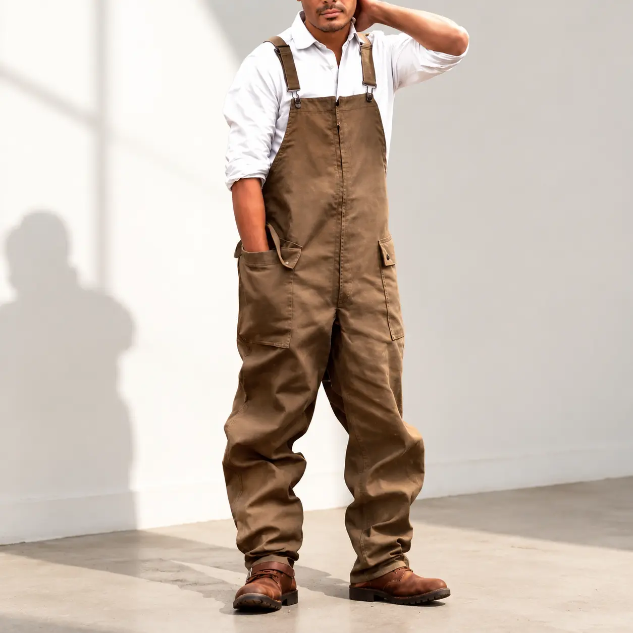 Men's Vintage Casual Overalls, Retro Workwear Bib Pants, Loose Fit Utility Jumpsuit with Pockets, Streetwear Carpenter Style
