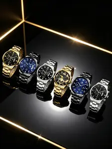 6pcs Men's Business Watches, Quartz Round Analog, Metal Case, Buckle Closure, Multifunctional Timer Calendar, Gift for Him