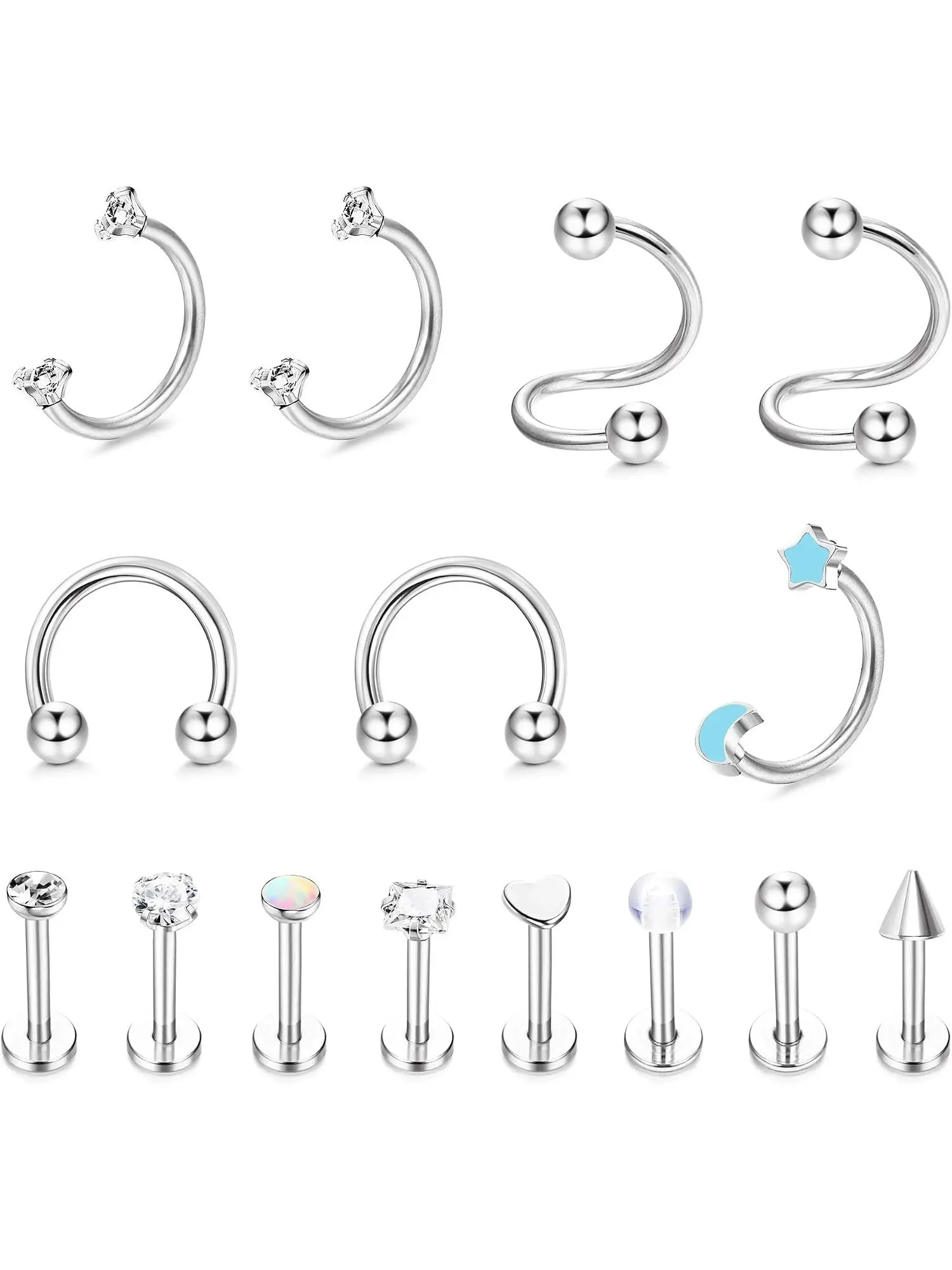 15 Pcs Small Multi-Style Nose Lip Cartilage Piercings for Women Men Mixed Stainless Steel Septum Horseshoe Hoops Twist Rings Blue Star Rings Assorted Flat Back Labret Studs with CZ Opal Heart Spike Tops Lightweight Low-profile Piercing Jewelry for Daily