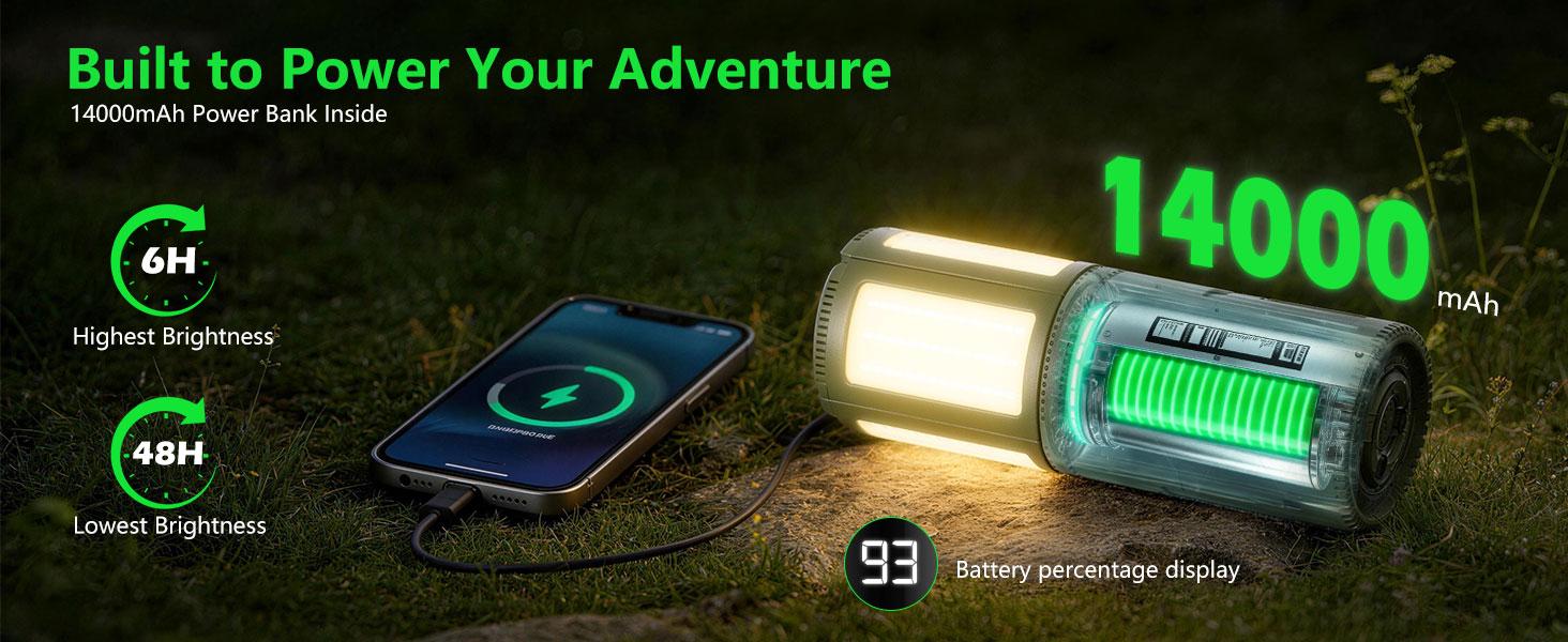 Telescopic Camping Lights with Stand, 14000mAh Rechargeable Camping Lantern with Display, Hook and IPX5 Waterproof, Outdoor Camping Lights for Travel, Fishing, Emergency Use