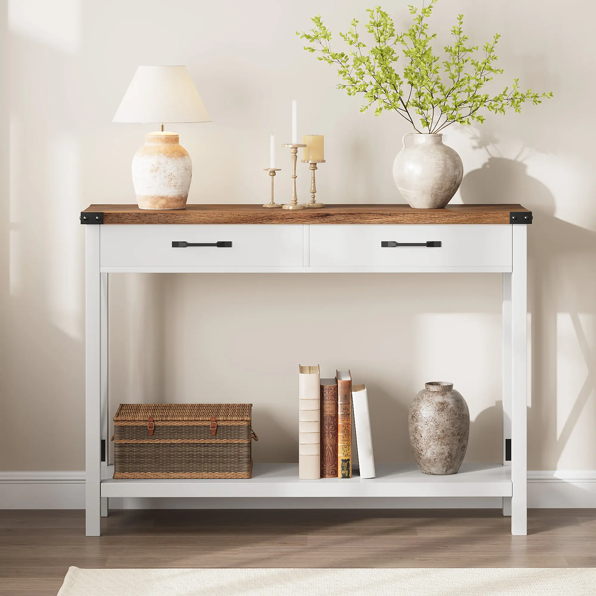 Wooden Foyer Table, Farmhouse-Inspired Console Table with 2 Drawers, Storage Sofa Table for Living Room and Hallway, Home Furniture