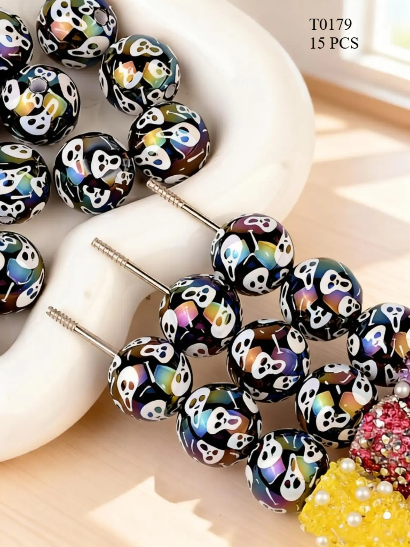 15 Halloween Laser Skull Acrylic Beads, DIY Bracelet Keychain, Horror Jewelry, Craft Supplies, Holiday Gifts, Hair Rope, Necklace Accessories