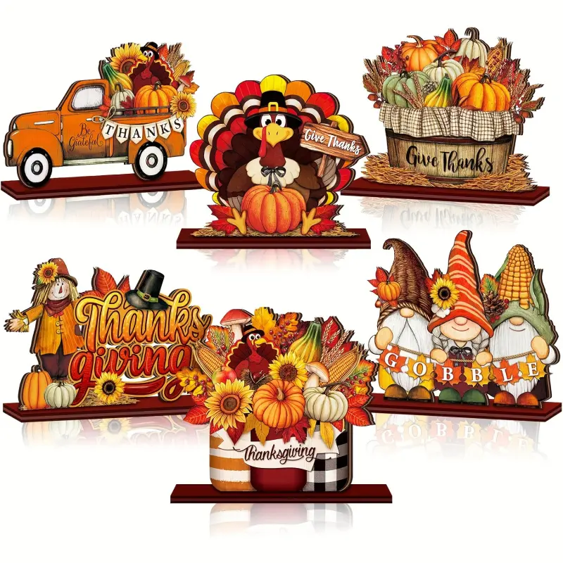 6-Piece Thanksgiving Wooden Tabletop Decorations, Rustic Style, Suitable for Office Tabletop Decor, Farmhouse Style Home & Kitchen Decor, Household Tabletop Ornaments