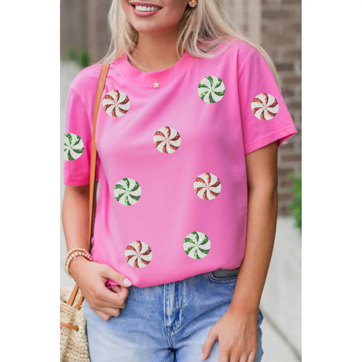 Women's Christmas Peppermint Sequin Geometric T-Shirt - Comfortable Soft Cotton Fabric, Holiday Festive Casual Short-Sleeve Top, Shortsleeve, Tee