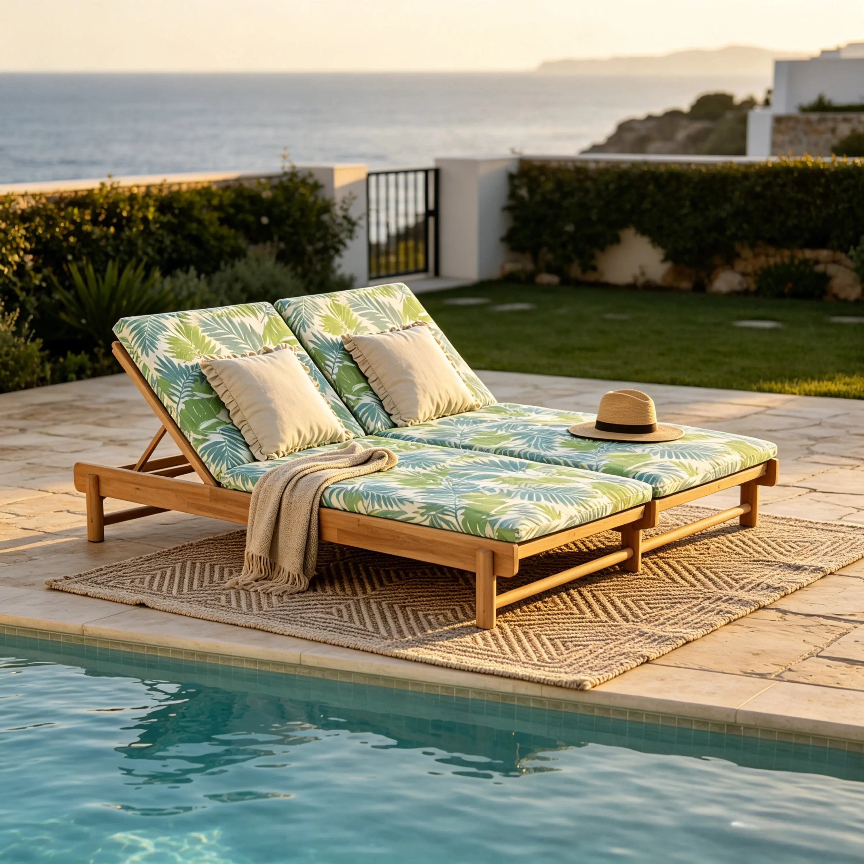 ARCH Acacia Wood Double Chaise Lounger Couples Outdoor Furniture Set, 2 Leaf Coconut Cushions, 3-Position Adjustable Backrest, 1.57" Thick 2-Fold Water-Resistant Cushions, Beach Patio Poolside Backyard Use, Multi-Room Side Table, Garden