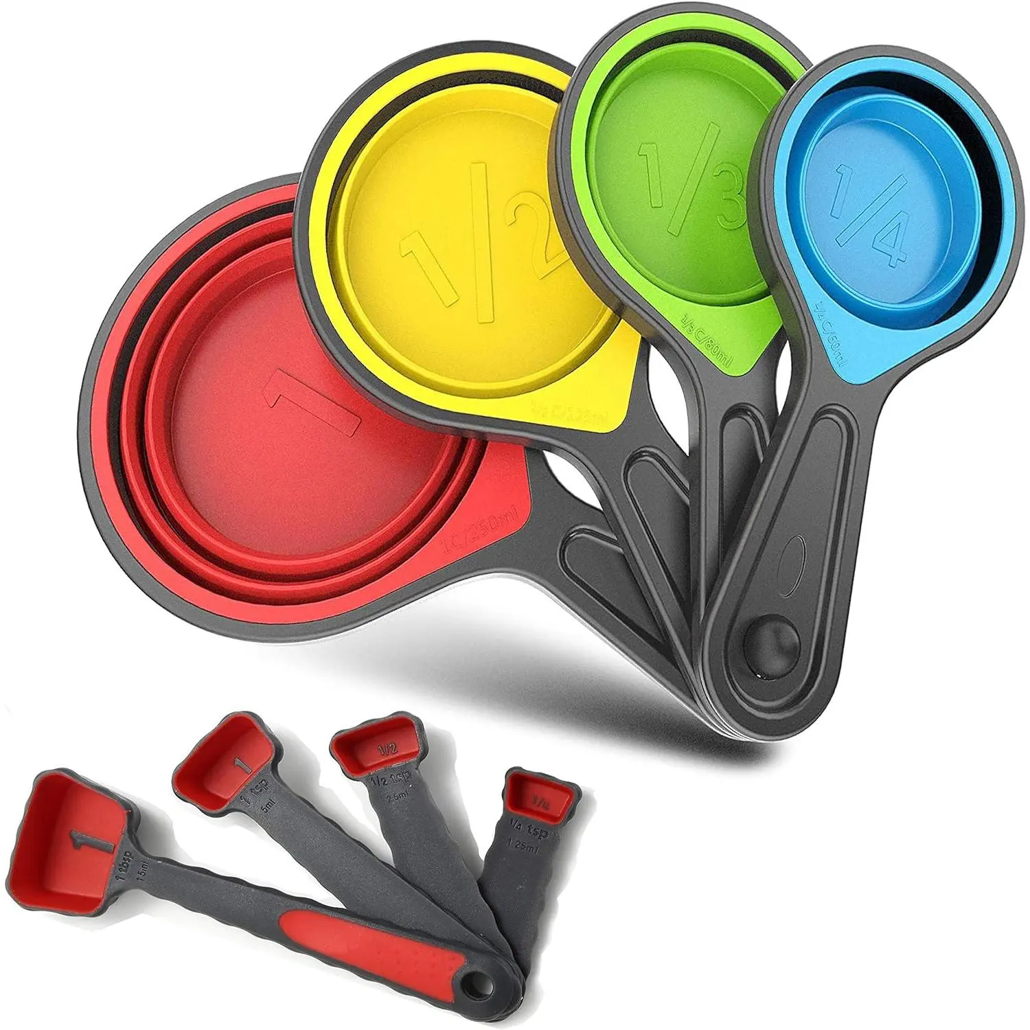 Collapsible Silicone Soft Measuring Cups and Measuring Spoons,8 pieces Portable Food Grade Silicone Measurement Cup for Liquid & Dry Measuring Baking &Utensils & Travel Measuring Cup,space saver