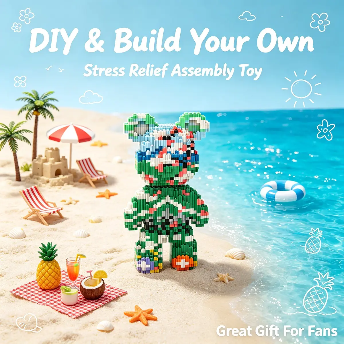 Summer Island Lucky Bear 3D Puzzle Block Decor, Ideal for Home Office Party Decor, Perfect Gift for Holidays, Handmade Craft