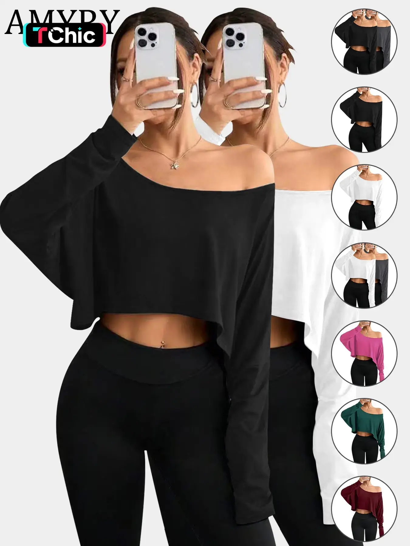 Women's Long Sleeve Loose-Fit Asymmetrical Shoulder T-Shirt Tops, Casual Plaid Pattern, All-Season Wear, Perfect for Fitness & Dance