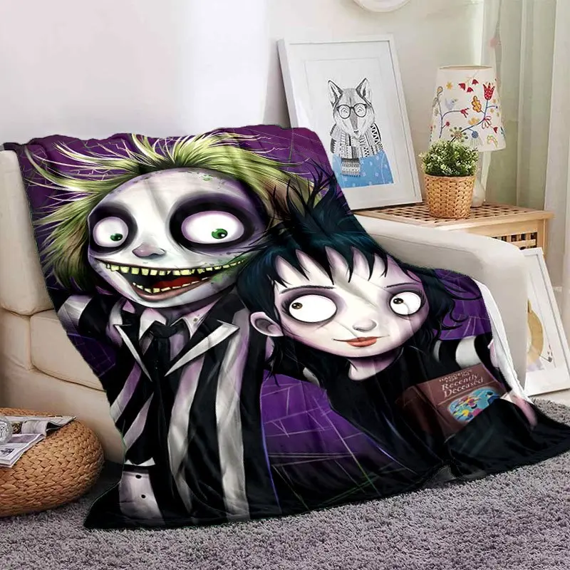 Beetlejuice Lydia Cartoon Portrait Flannel Throw Blanket, Purple Gothic Background Horror Movie Blanket