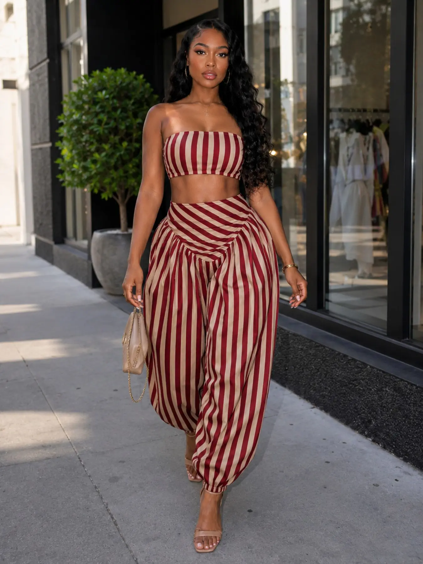 Women's Retro Striped Two-Piece Set, Bustier Short Top, High-Waisted Pleated Lantern Pants, Beach Vacation, Boho Style