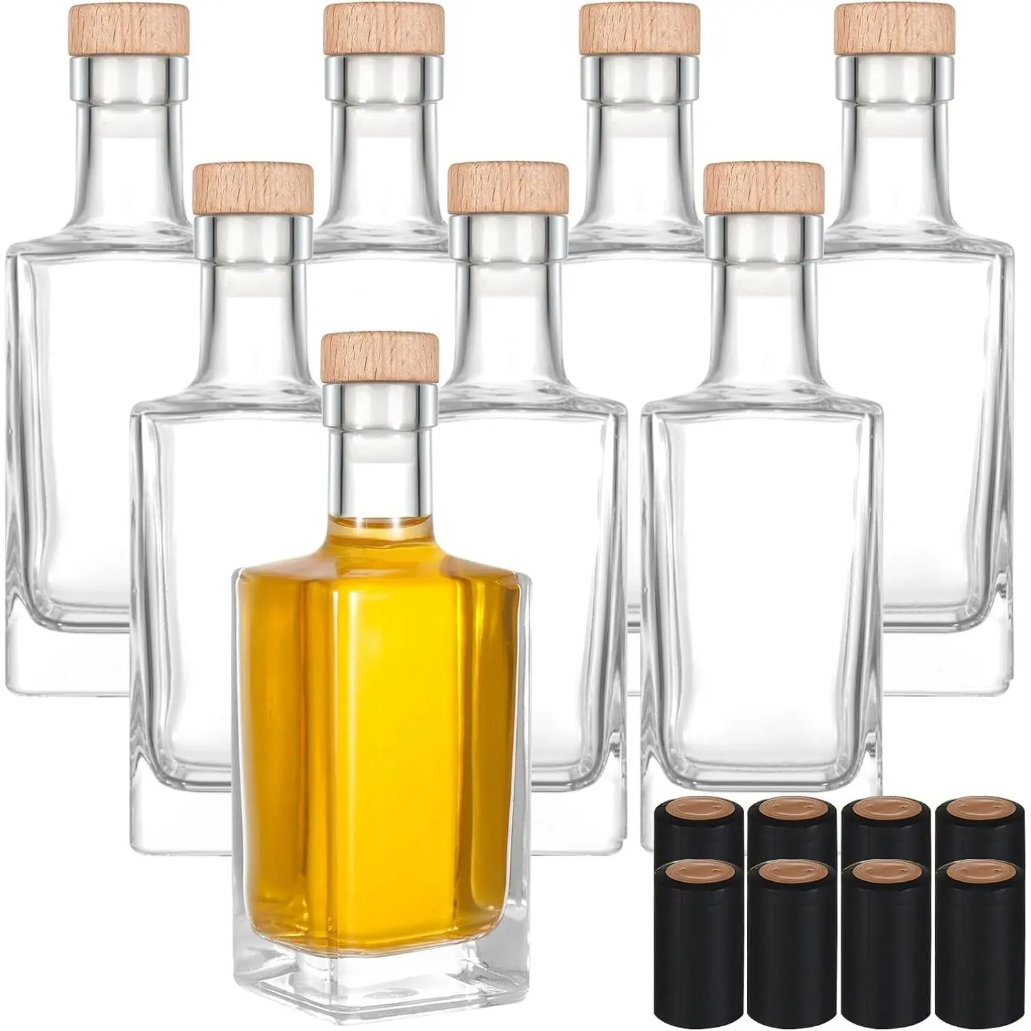 8 Pack Glass Liquor Bottles, 8 Oz (250ml) Square Glass Bottles with Corks and Shrink Capsules, Glass Bottles with Cork for Liquor Wine Water Vodka Brandy Whiskey Beer Soda