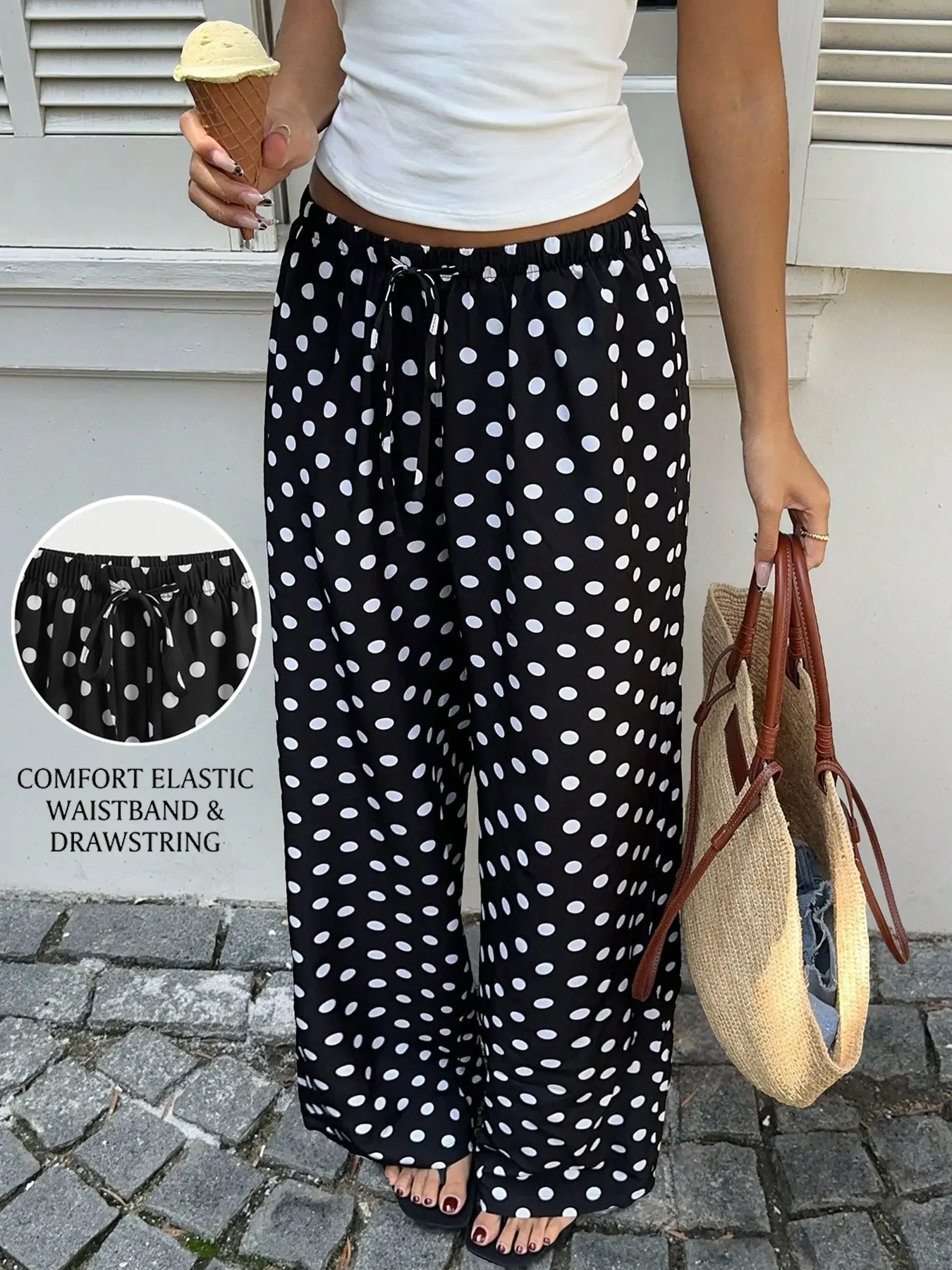 French Vintage, Baggy Women's Black White Polka Dot Wide Leg Pants, Full Elastic High Waist With Matching Drawstring, Drapey Flowy Floor Length Casual Trousers, Light Wrinkle Resistant Woven Daily Office Layering Pants For Cafe Hangout, Commute & Dail