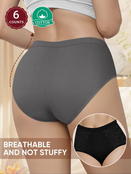 6Pack Cotton Women's High Waist Briefs with Lace Trim, Soft Breathable Shaping Underwear for All Seasons, Comfortable Fitted Women's Panties