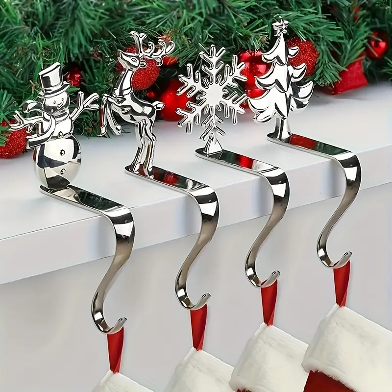 4 Pack Christmas Stocking Holders | Polished Gold & Silver Metal Mantel Hooks | Anti-Slip Wall Mounted Fireplace Stocking Hanger Set for Holiday Decor