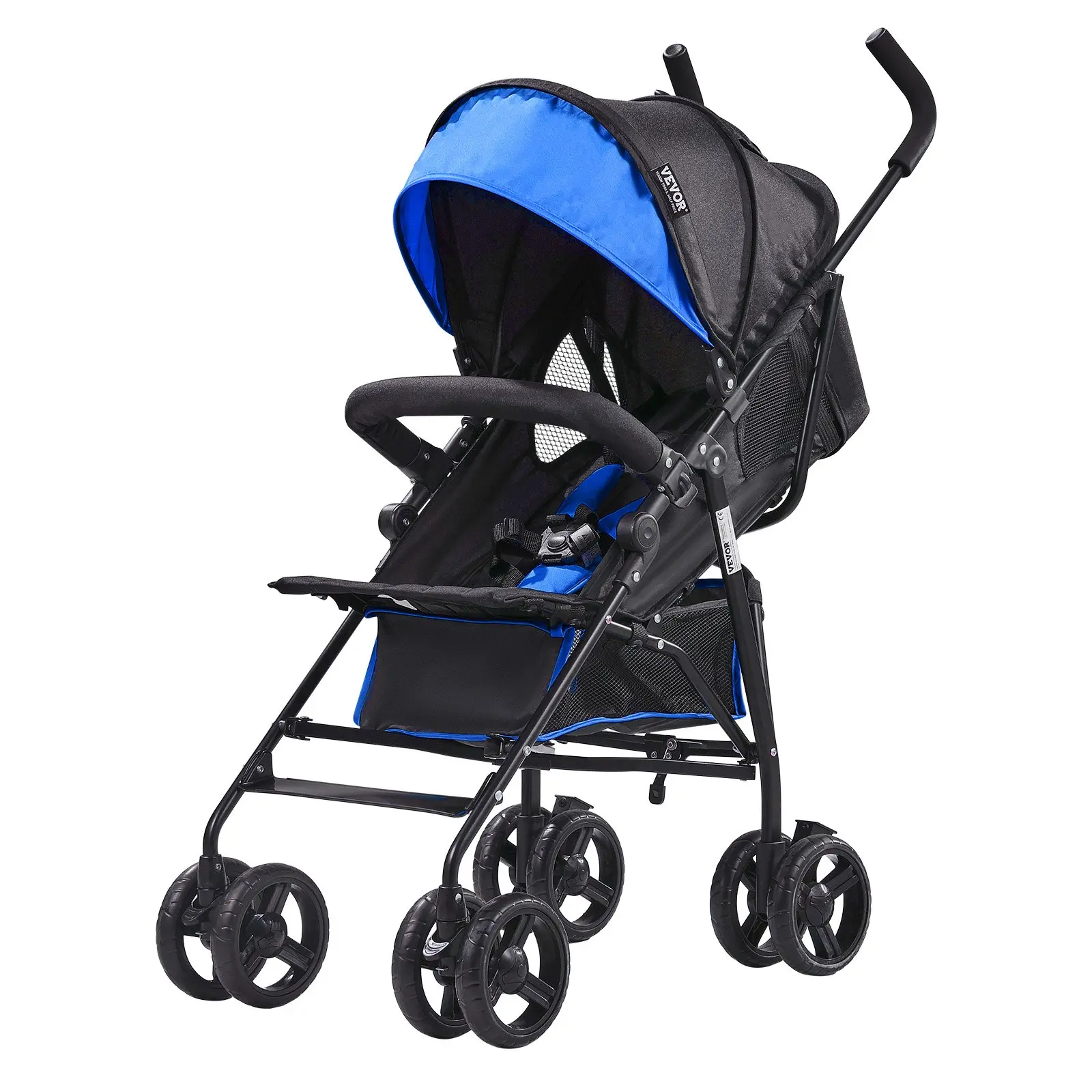 VEVOR Umbrella Stroller, Lightweight Carbon Steel Frame, Compact Fold, Multi-Position Recline Canopy Backrest, Large Storage Basket, Travel-Ready Toddler Baby Stroller, Black/Blue