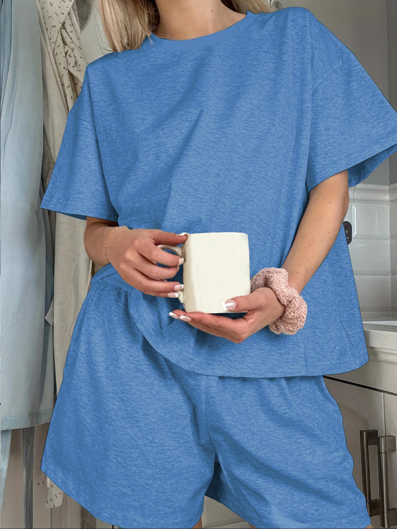 Women's Solid Color Short Sleeve Round Neck Tee & Pocket Elastic Waist Shorts Loungewear Two-Piece Set, Casual Comfy Breathable PJ Set, Loungewear Pjs Set for Daily Home Wear, Ladies Summer Sleepwear