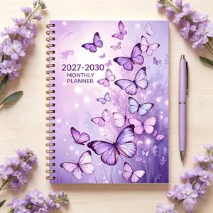 1 purple cover designed 2027-2030 monthly planner, four-year custom calendar, yearly calendar plan, month tags, 48-month calendar, A5 size, spiral bound