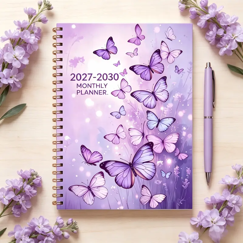1 purple cover designed 2027-2030 monthly planner, four-year custom calendar, yearly calendar plan, month tags, 48-month calendar, A5 size, spiral bound