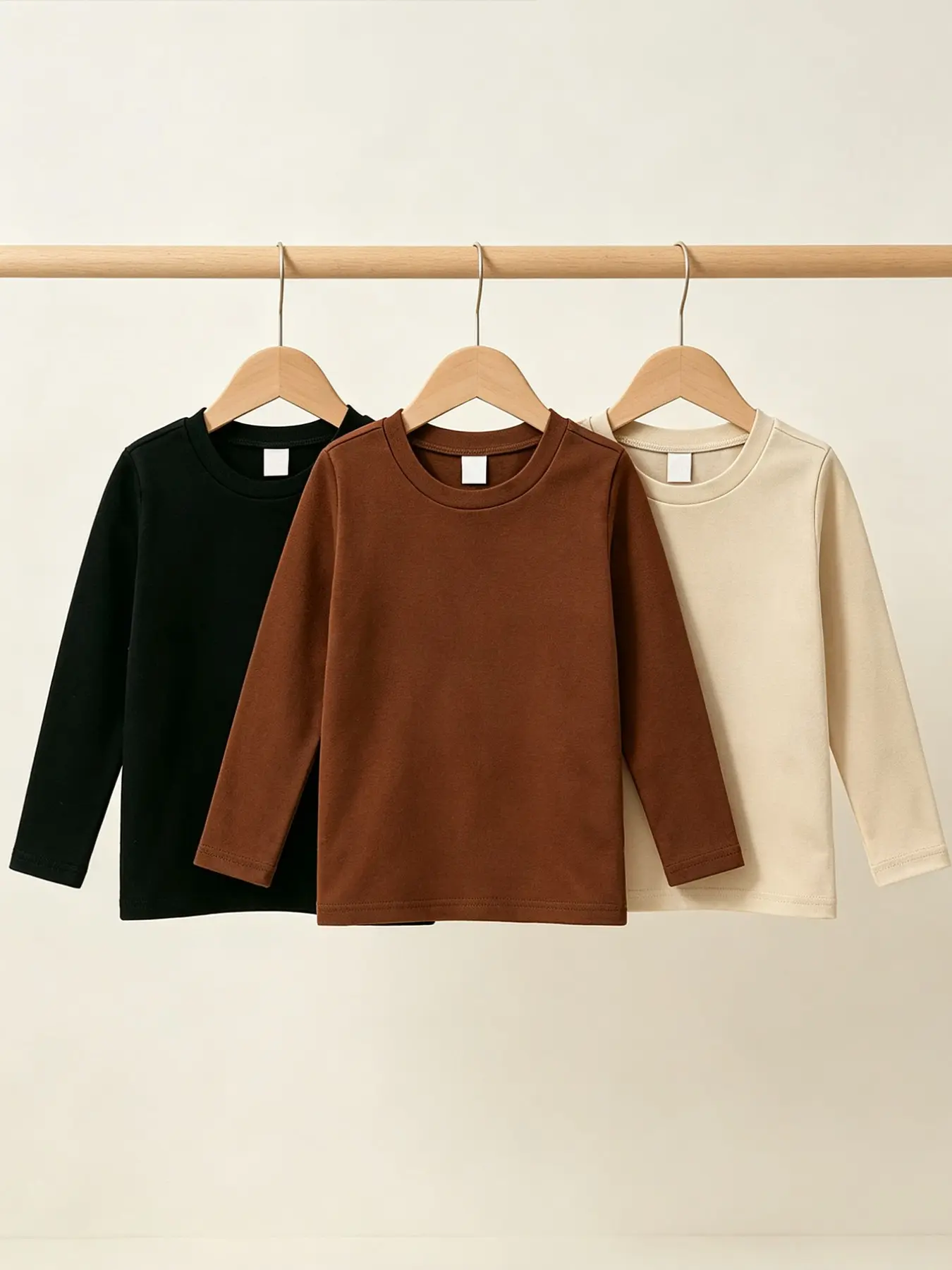Plain Long Sleeve T-Shirt In Multiple Colors-3-Piece Set Children's Early Autumn/Winter Round-Neck Base Layer Shirt For Boys And Girls, Unisex Design, Daily Use,Outdoor,Comfortable,Layering,Inner-Layer Top#Children's Clothing#Mommy's Good Stuff Share