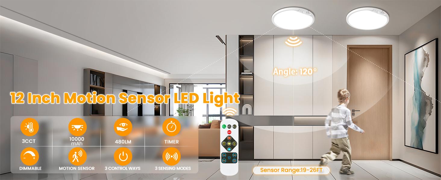 12 Inch Rechargeable Motion Sensor LED Ceiling Light with Remote, Wireless Dimmable 3CCT Battery Operated LED Closet Lights for Stair Hallway