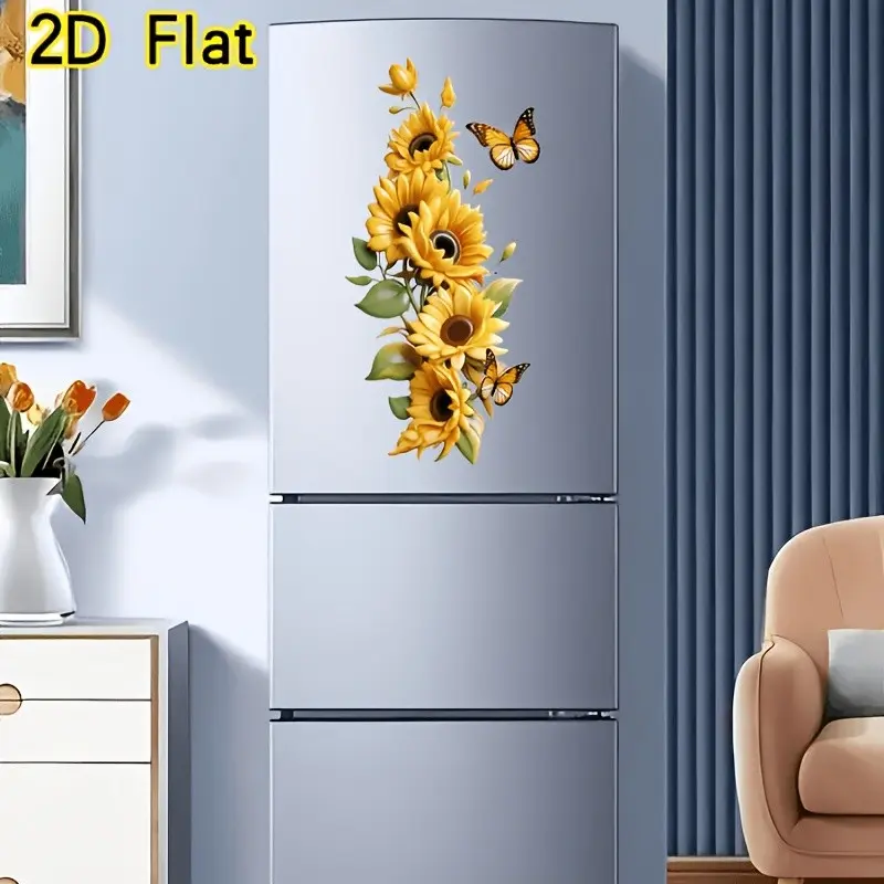 Sunflower Butterfly Kitchen Wall Sticker, Self-Adhesive Waterproof Home Decor Decorative Decal, Sunflower Floral Refrigerator Decoration, Butterfly Wall Decals