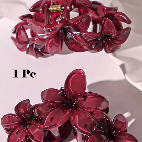 2Pcs Elegant Burgundy Floral Shark Claw Cute Daisy Clip Sweet Ponytail Clip Stylish Hair Clip For Party Decorative Hair Accessories
