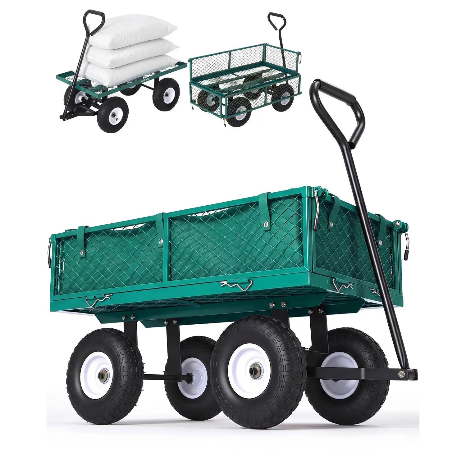 400lbs Heavy Duty Steel Garden Cart 10" Pneumatic Tires Removable Mesh Sides & Waterproof Liner – Outdoor Yard Utility Wagon for Hauling Soil, Gravel, Leaves, Mulch, Wood, Tools