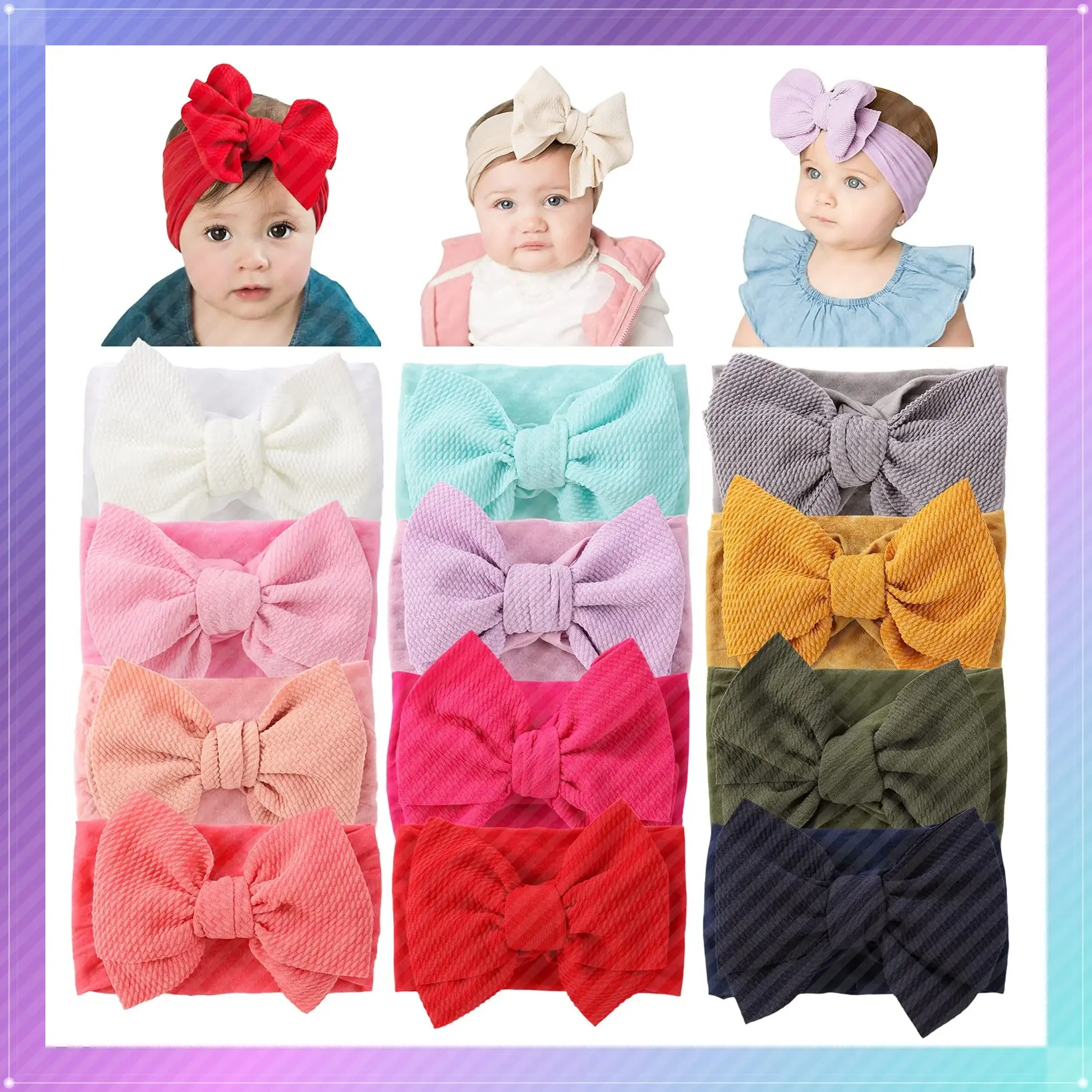 12 Pack Oversized Colorful Stretchy Nylon Headbands with Big Bows Soft Elastic Hair Bands Wide Headwraps for Newborn Baby Girls Infants Toddlers KidsGift