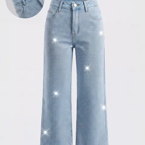 Women's Elegant High-Waisted Wide-Leg Denim Jeans, with Rhinestone Embellished, Rhinestones Decor Jeans, All-Season Fitted Woven Fabric Fashion Pants, Style, Trouser, Womenswear, Chic, Aesthetics, Bottom