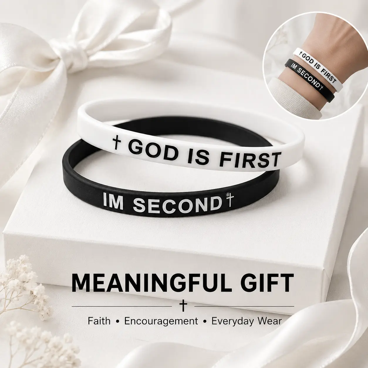 2 Pack God Is First Bracelet, GOD IS FIRST IM SECOND Christian Silicone Bracelets, Faith Cross Rubber Wristbands, Inspirational Religious Gifts for Men Women Teens