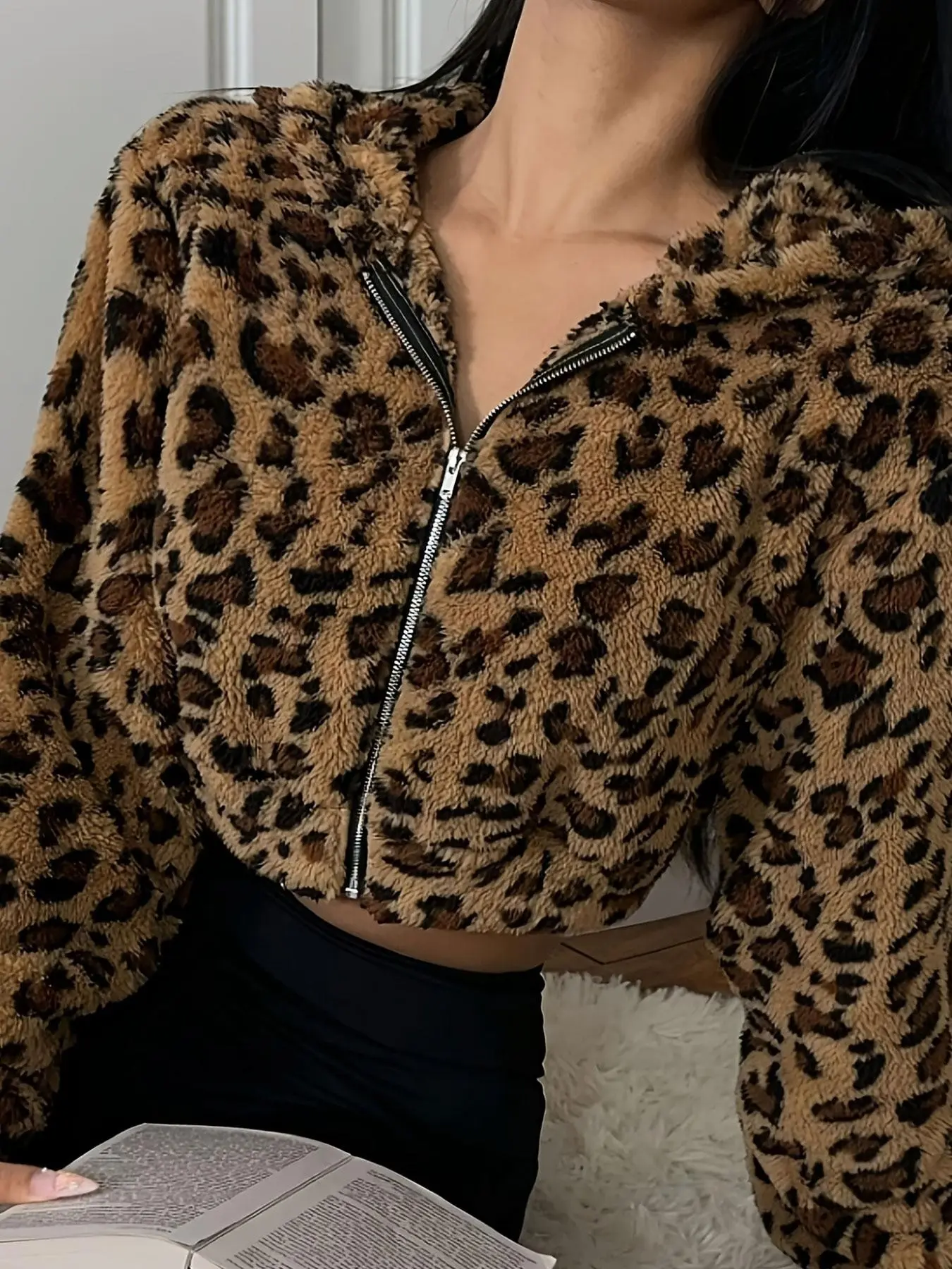 Leopard Print Fuzzy Zipper Hooded Women's Jacket, Fashion Retro Fuzzy Jacket, Casual Outerwear, Stylish and Comfortable