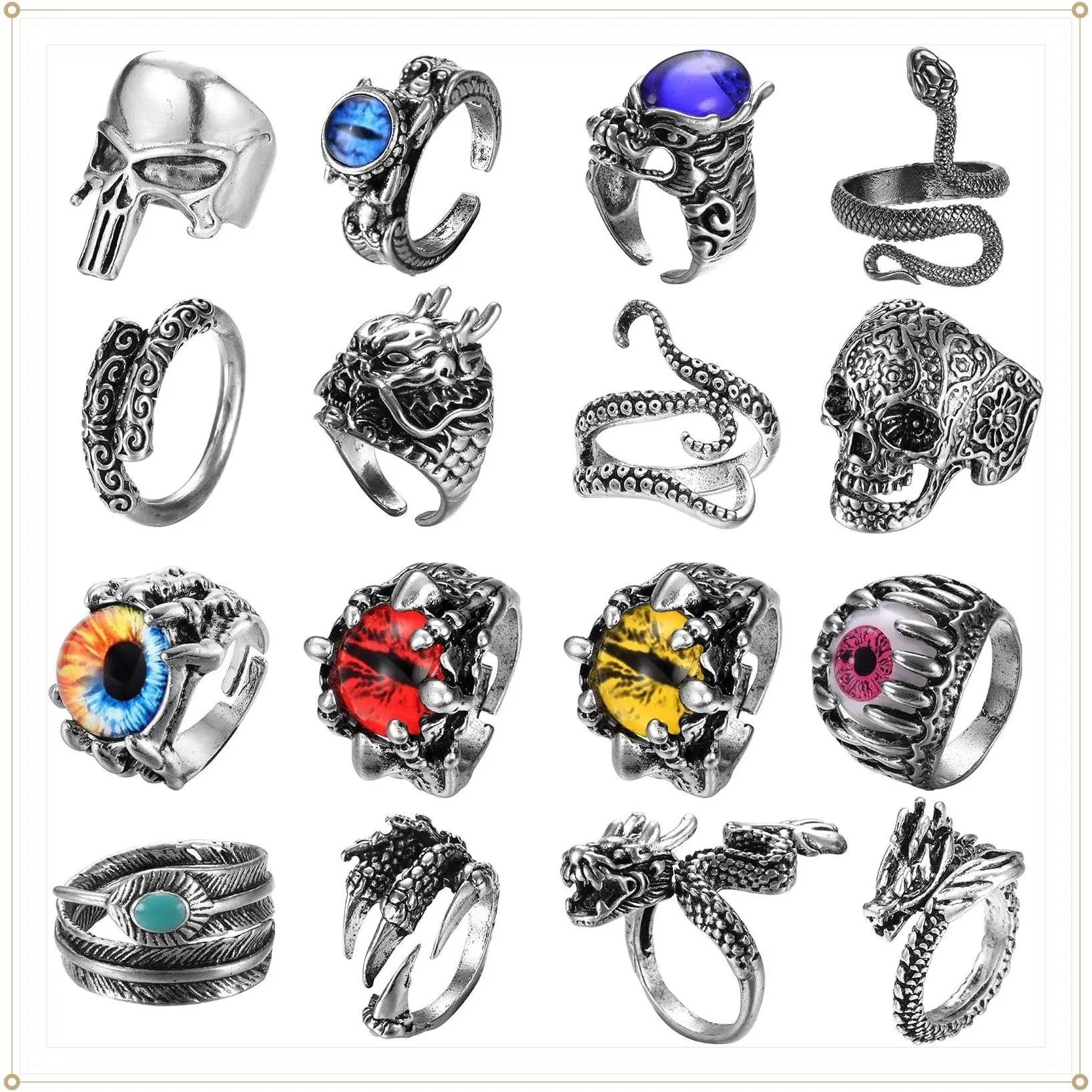 16 Pieces Vintage Punk Rings for Men Women Gothic Rings Black Dragon Snake Claw Skull Octopus Eyes of Hell Open Adjustable Rings SetGift