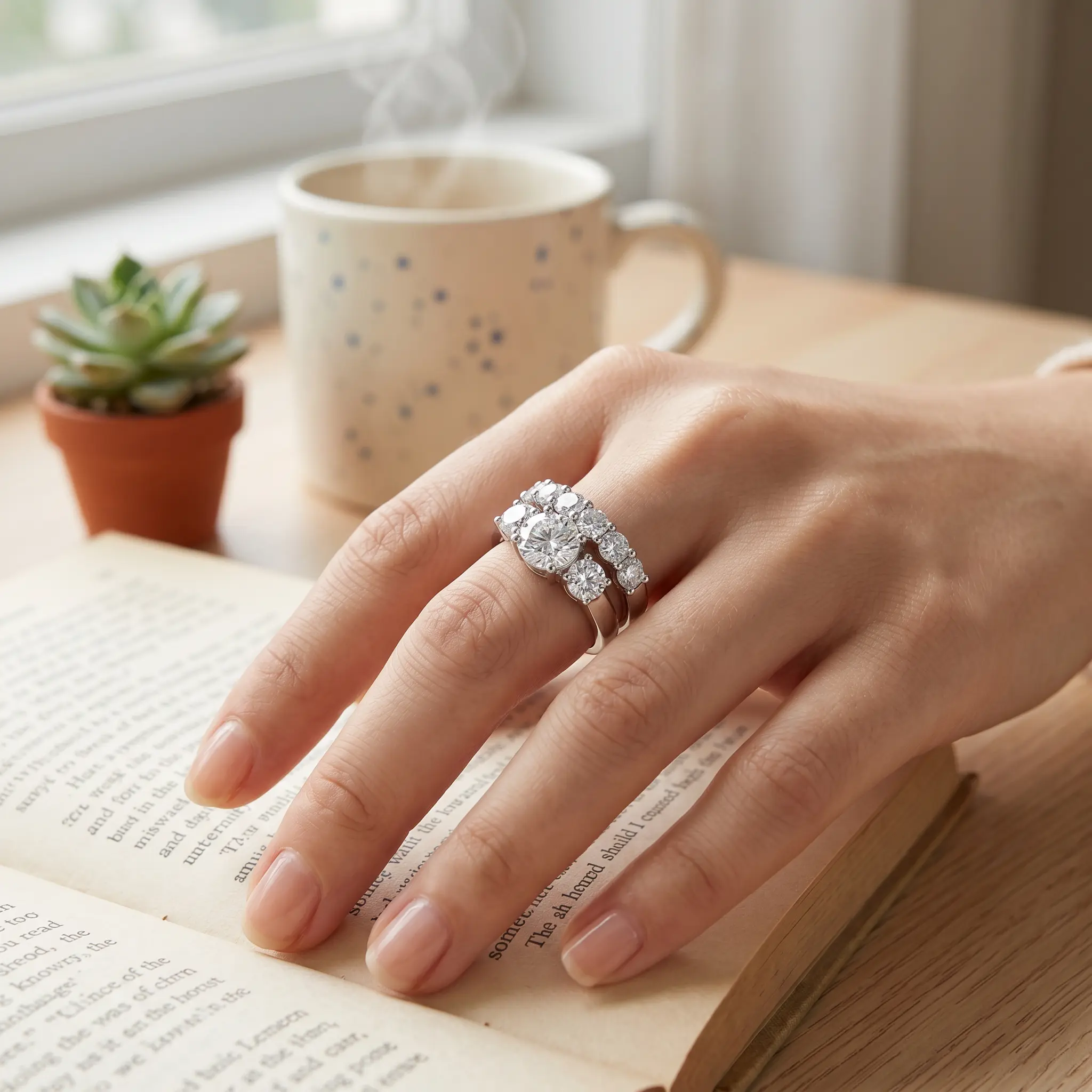 CENLEAR Passes Diamond Tester!2CT Moissanite Ring Set For Women 3-Stone Stackable Wedding Band 18K White Gold Plated Lab Grown Engagement Rings Anniversary Gift